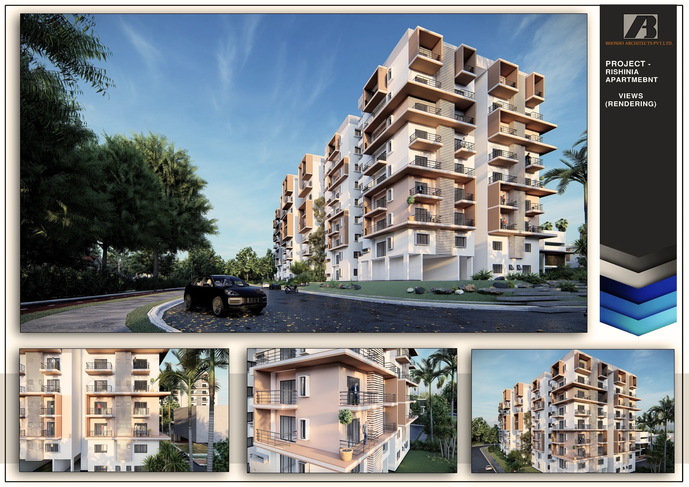 Render of an apartment complex under study — massing and facade exploration, not yet a commissioned project