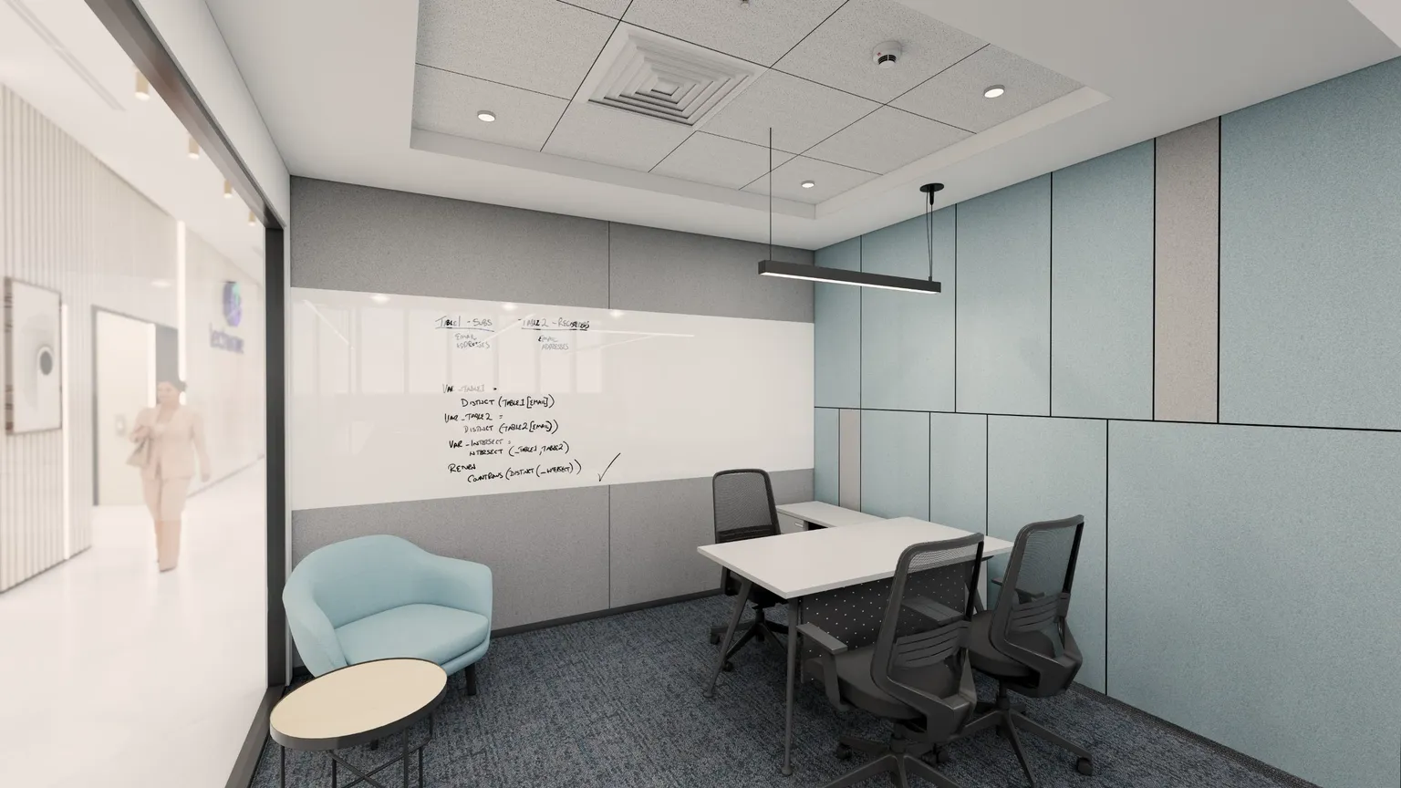 Boardroom with a long white table, teal chairs, and layered cove-lit ceiling