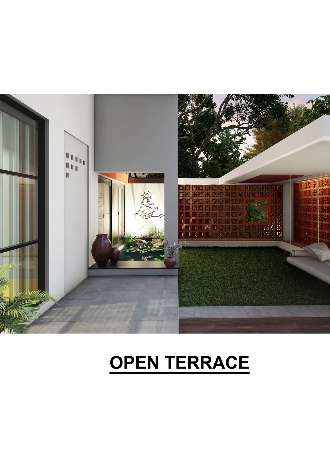 Interior court behind sheer curtains — jali screen, pergola, and a water body bringing filtered light inside