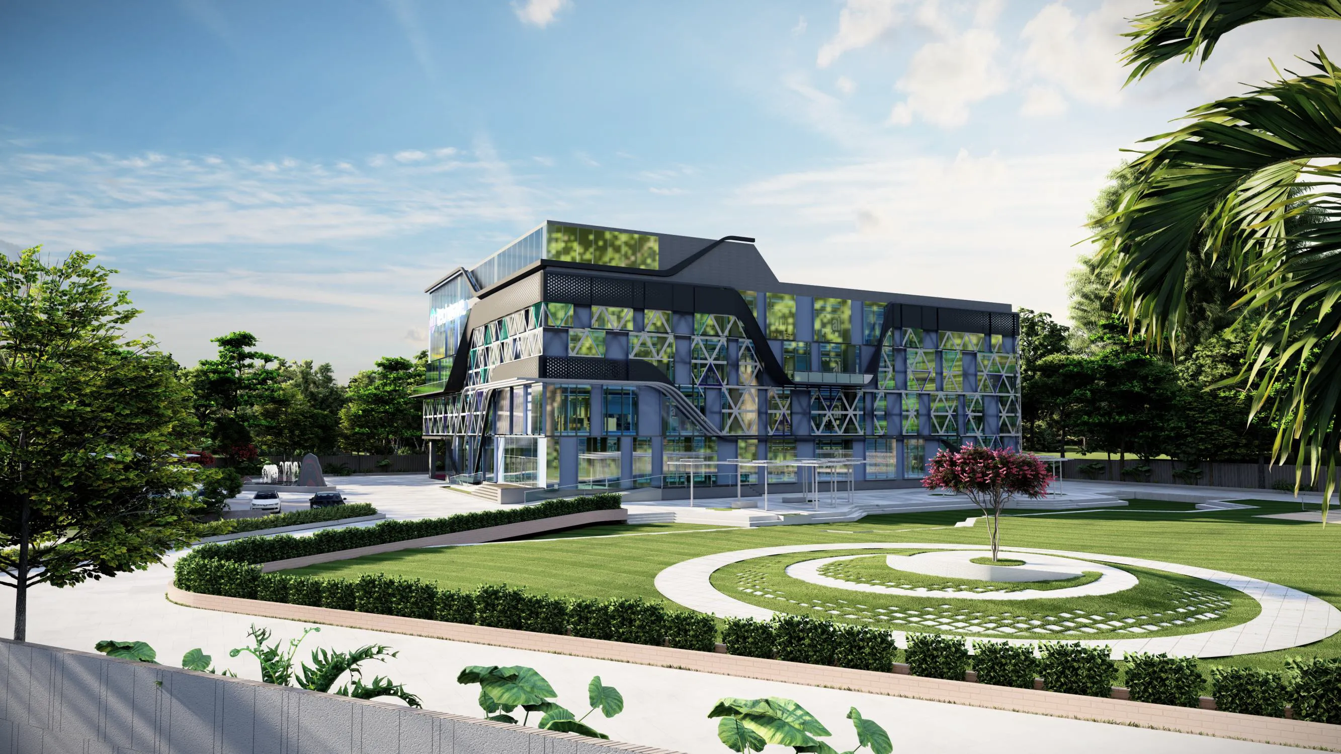 Sthira Teckpark campus — a four-storey office block with a triangulated glass facade and dark roof band above a lawn with circular paving