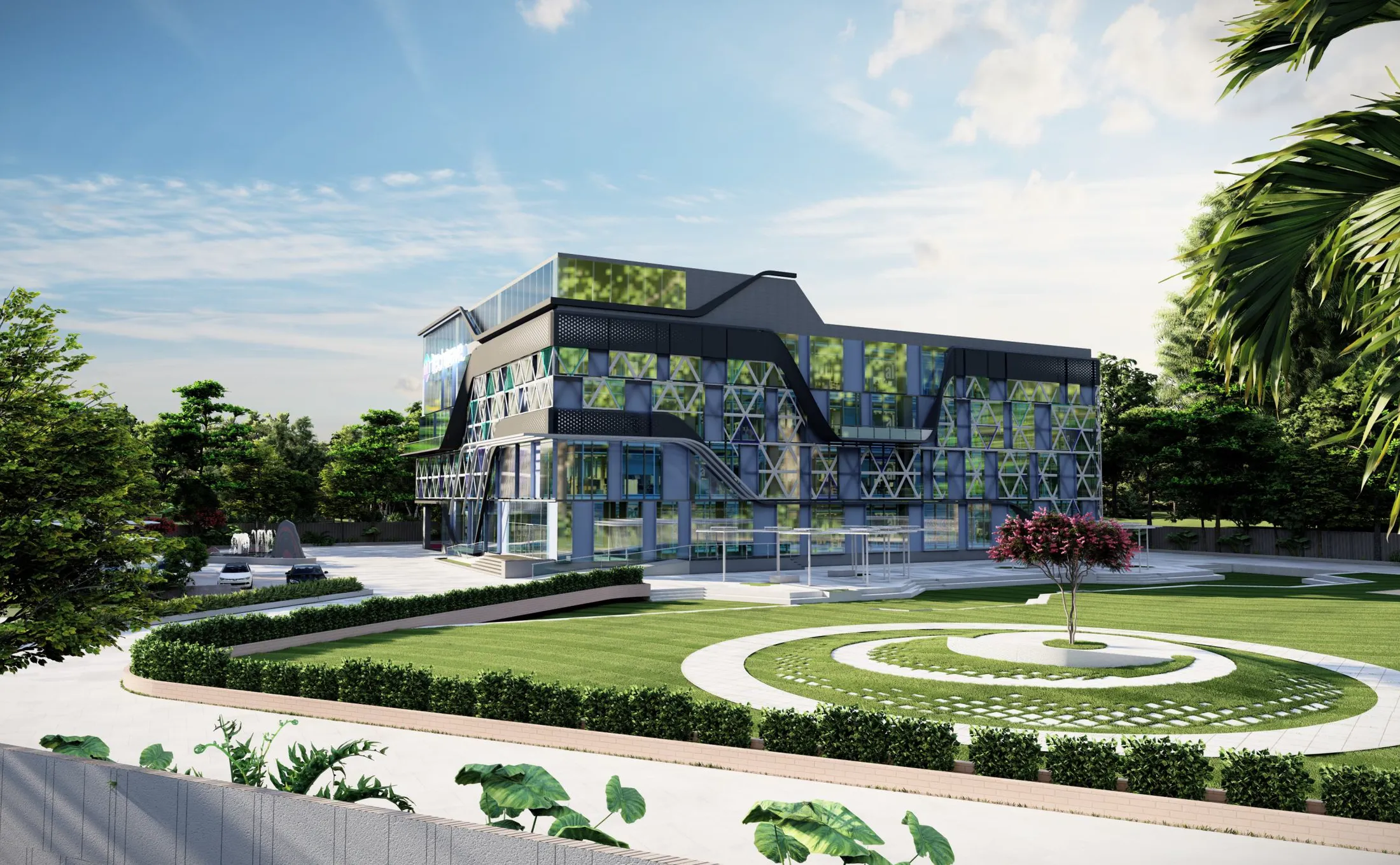 Sthira Teckpark campus — a four-storey office block with a triangulated glass facade and dark roof band above a lawn with circular paving