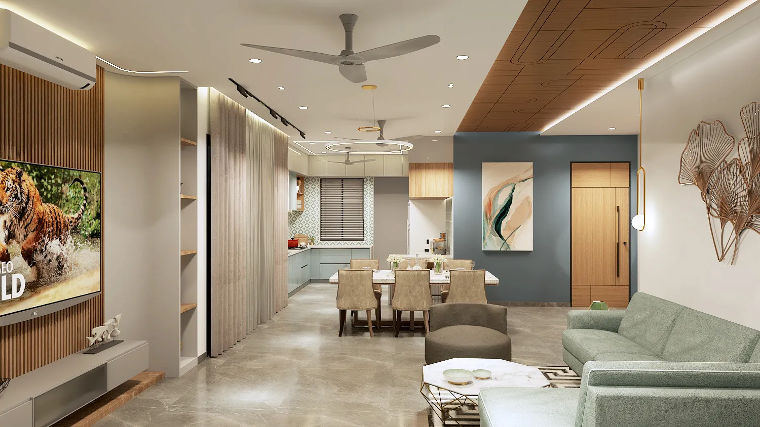 Open living and dining space with a ribbed timber TV wall, layered ceiling with cove lighting, and a marble-topped dining table