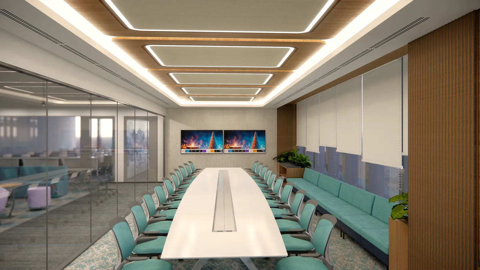 Small meeting room with whiteboard wall, pale-blue acoustic panels, and a compact worktable