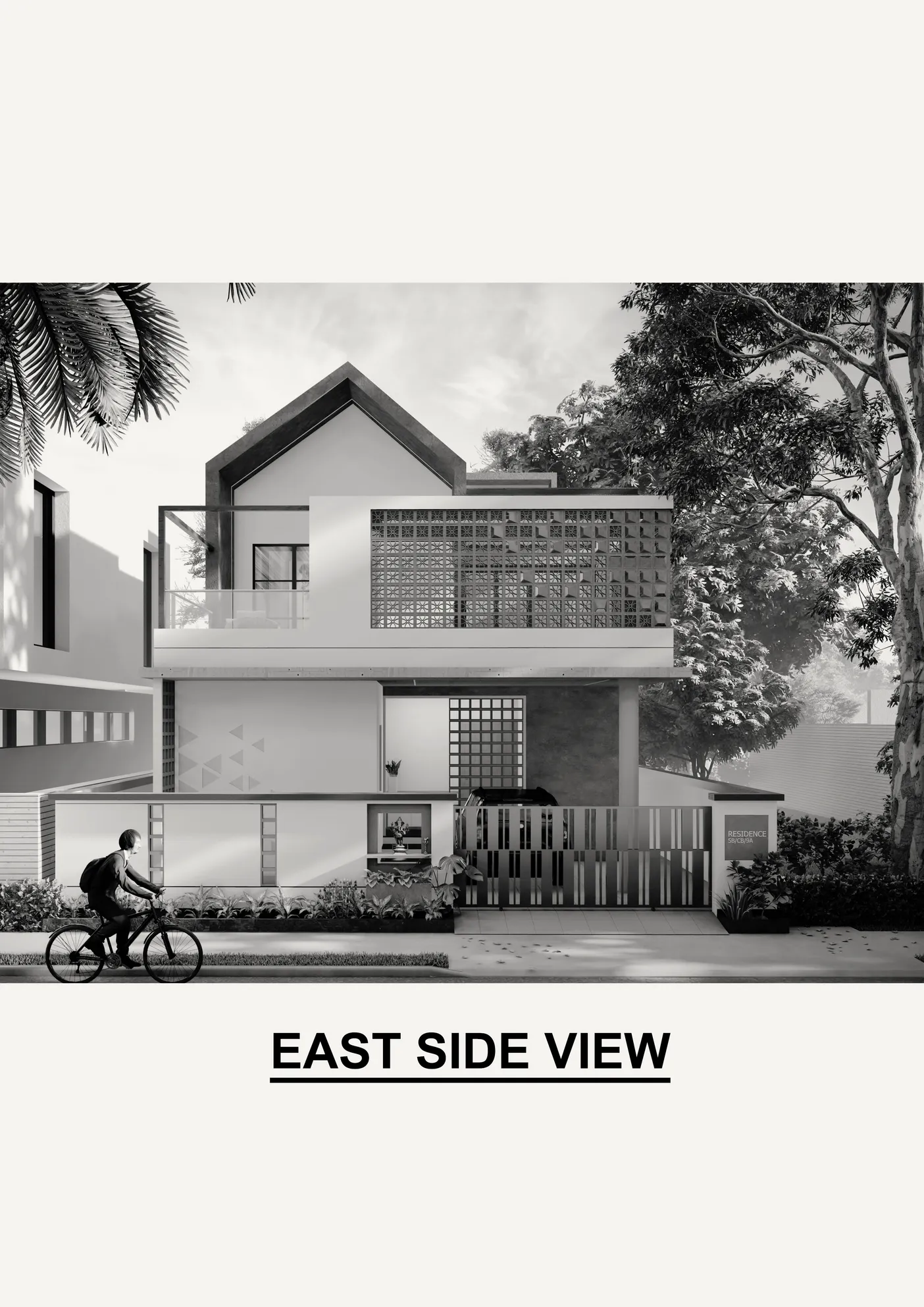 Black and white render of a Studio Akarva residence — a study in mass, light, and proportion