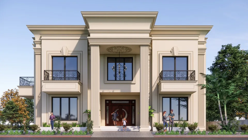 Render of a classical villa under study — an early massing exploration, not yet a commissioned project