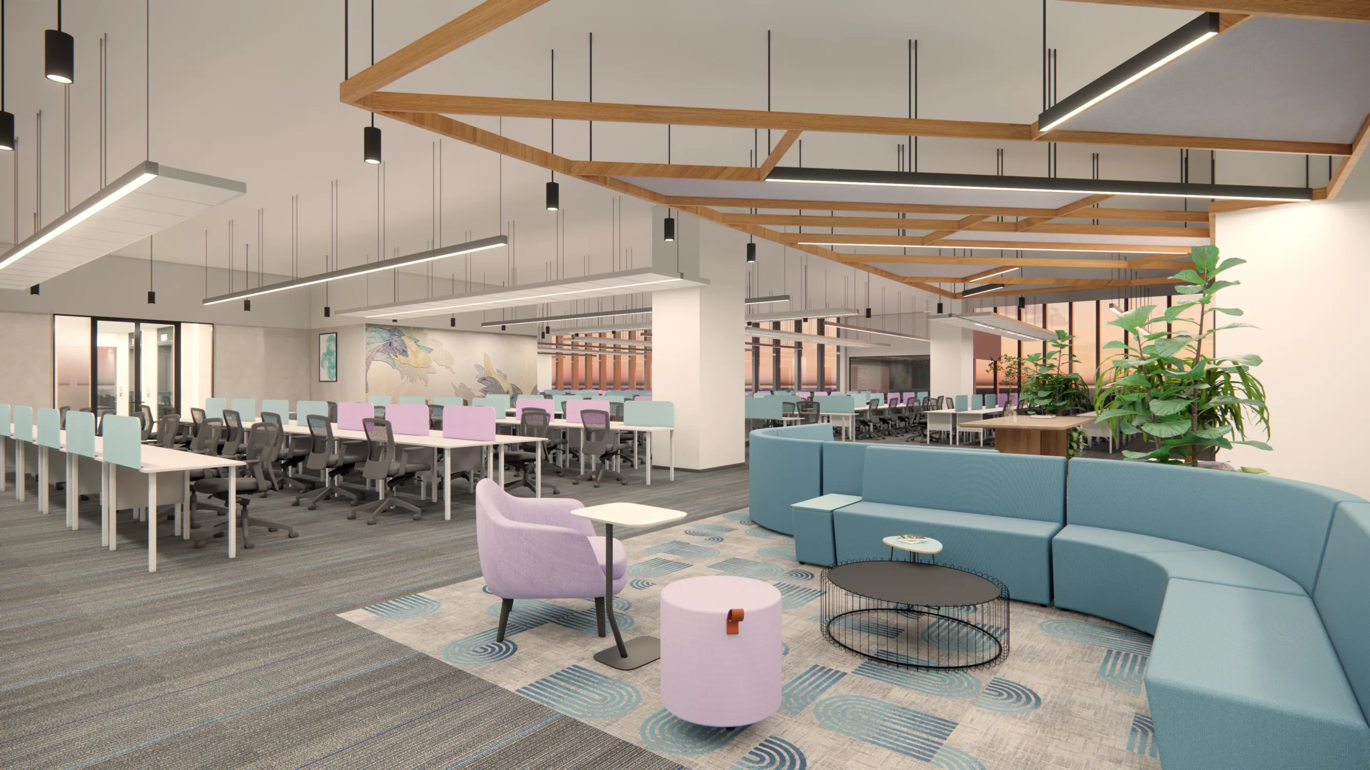 Open workspace with timber ceiling grid, suspended linear lights, and curved lounge seating in blue and lilac